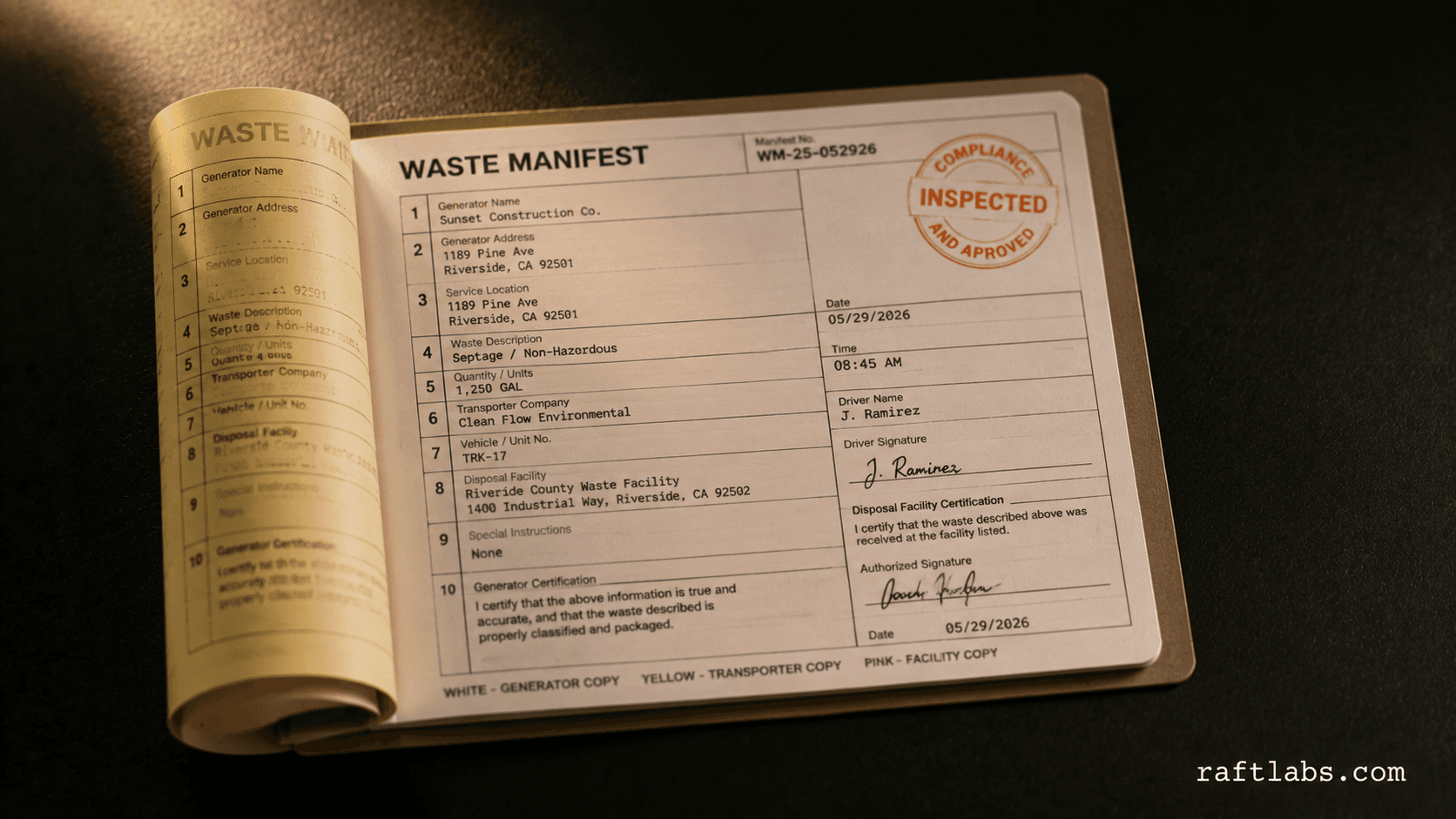septic service software dashboard showing waste manifest tracking and pump-out scheduling for field operators