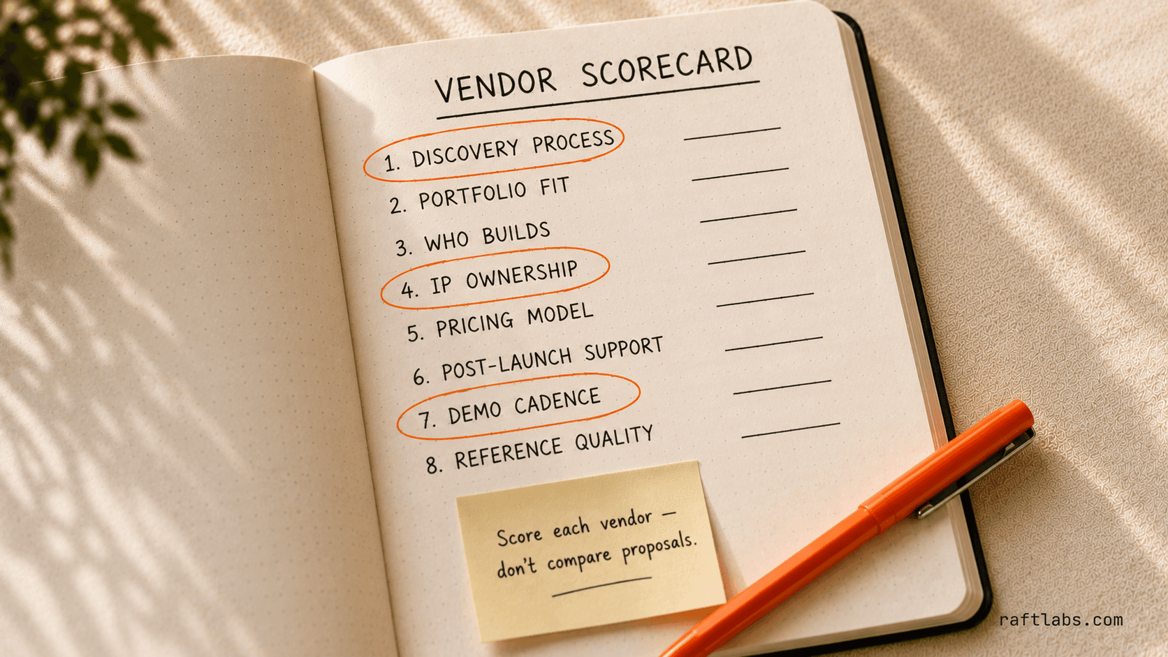 Hand-drawn notebook scorecard showing the 8 criteria for evaluating a custom software development company