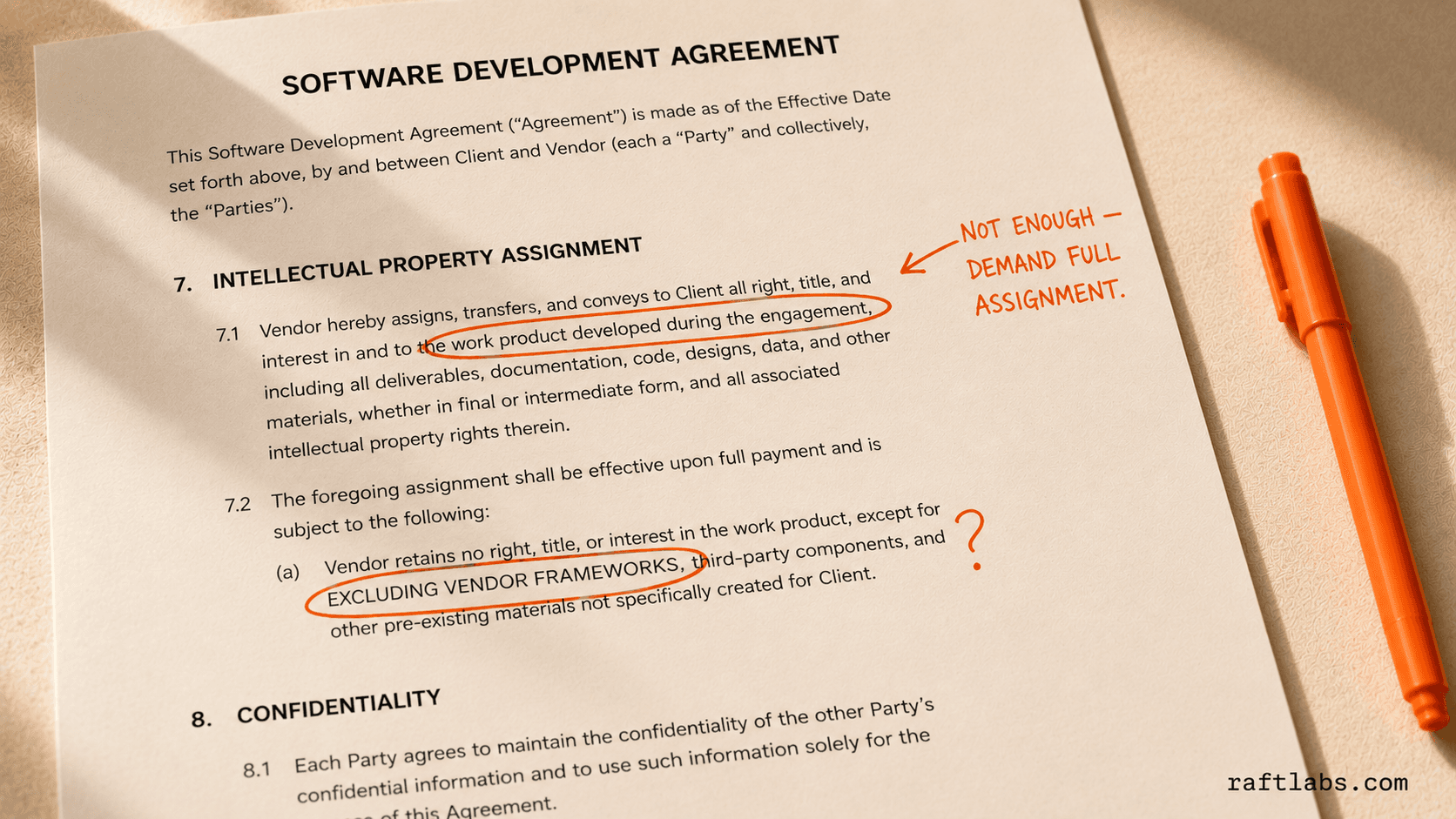 Software contract with orange ink annotations highlighting vague IP ownership language that needs to be negotiated