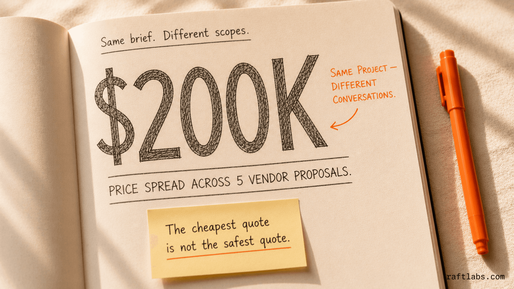 A notebook page showing the $200K price spread across five vendor proposals for the same software project