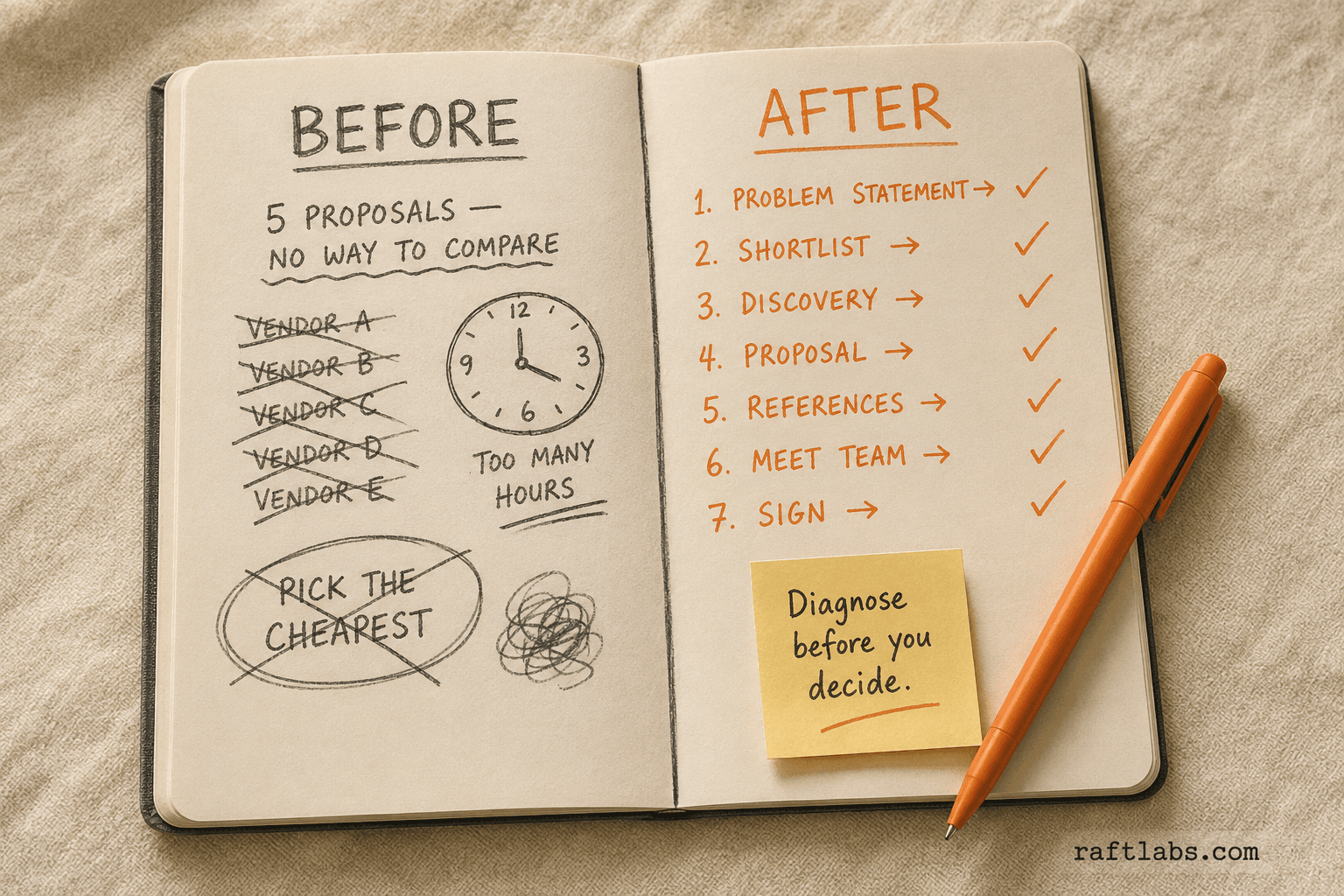 Before and after notebook comparison showing the chaotic vendor selection process versus the structured 8-step diagnostic approach