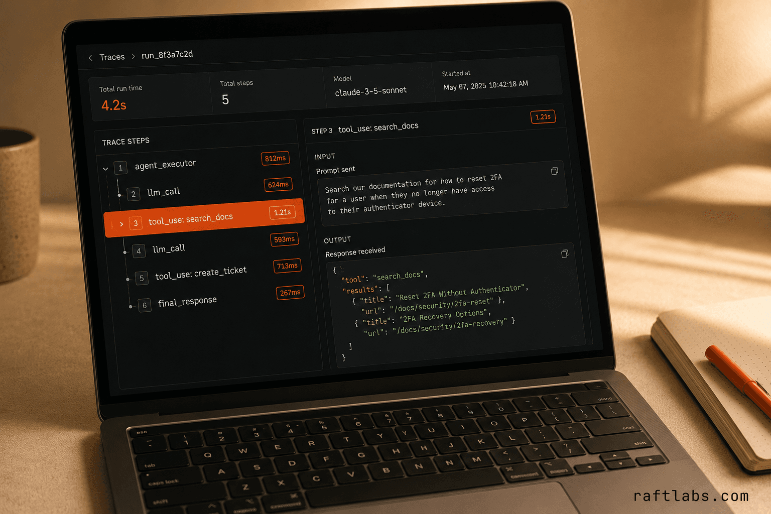 Laptop screen showing an AI agent orchestration trace with step-by-step LLM calls, tool uses, and timing data
