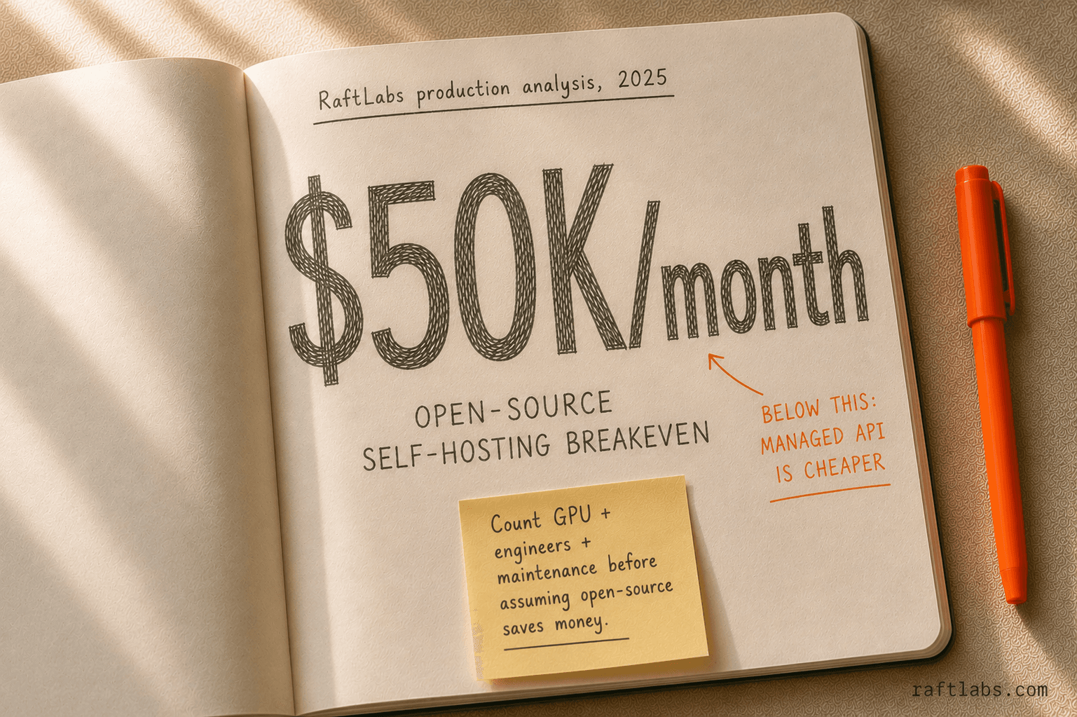 Hand-drawn stat showing the $50K/month open-source self-hosting breakeven point