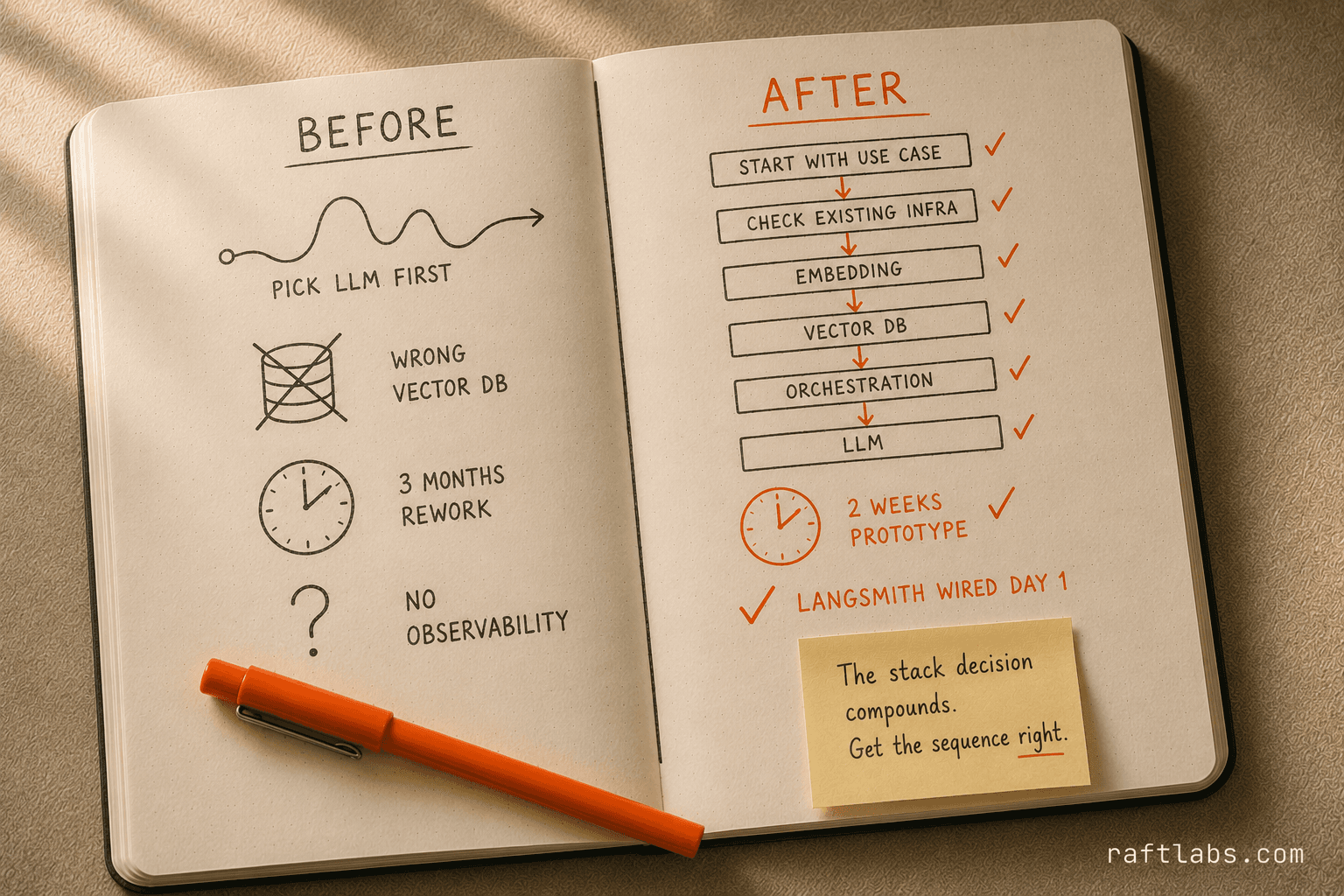 Notebook before/after split showing wrong AI stack decision sequence versus the correct use-case-first approach