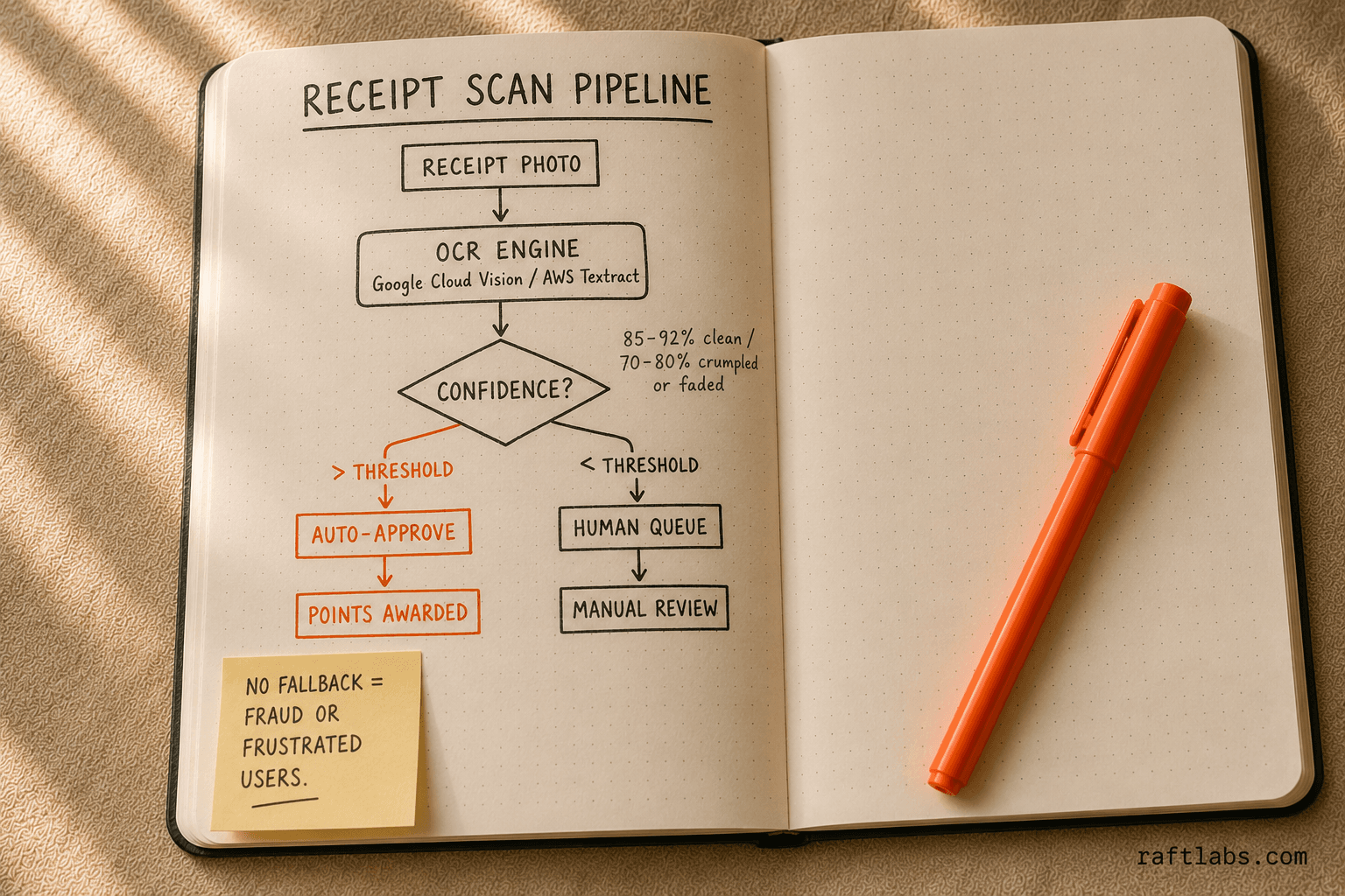 Receipt OCR pipeline decision flow: auto-approve on high confidence, human review queue on low confidence