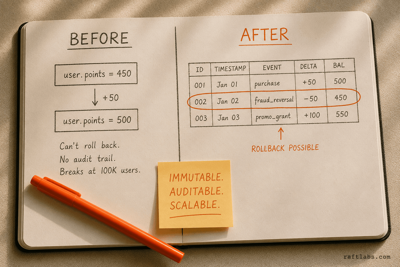 Points ledger before and after: simple mutable counter versus immutable event-sourced transaction ledger