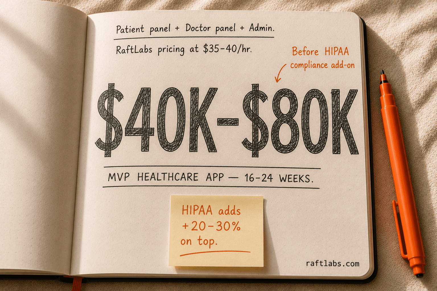 Notebook showing $40K–$80K as the MVP healthcare app cost for a 16–24 week build, with a note that HIPAA compliance adds 20–30% on top