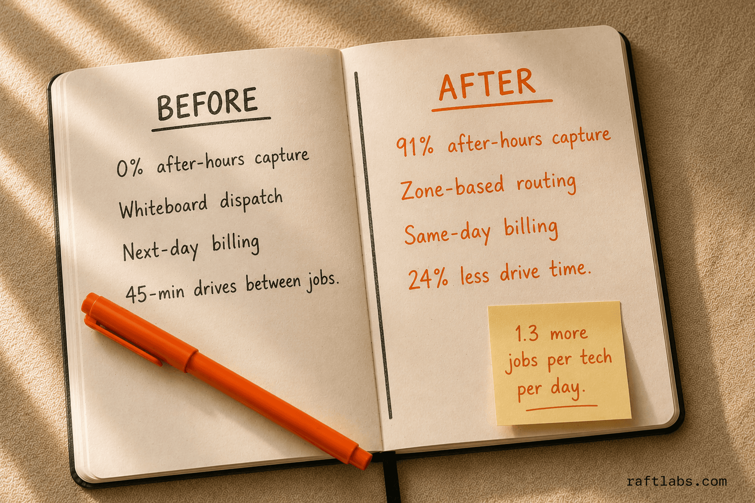 Before and after: HVAC dispatch automation results — 0% to 91% after-hours call capture, 24% drive time reduction, same-day billing