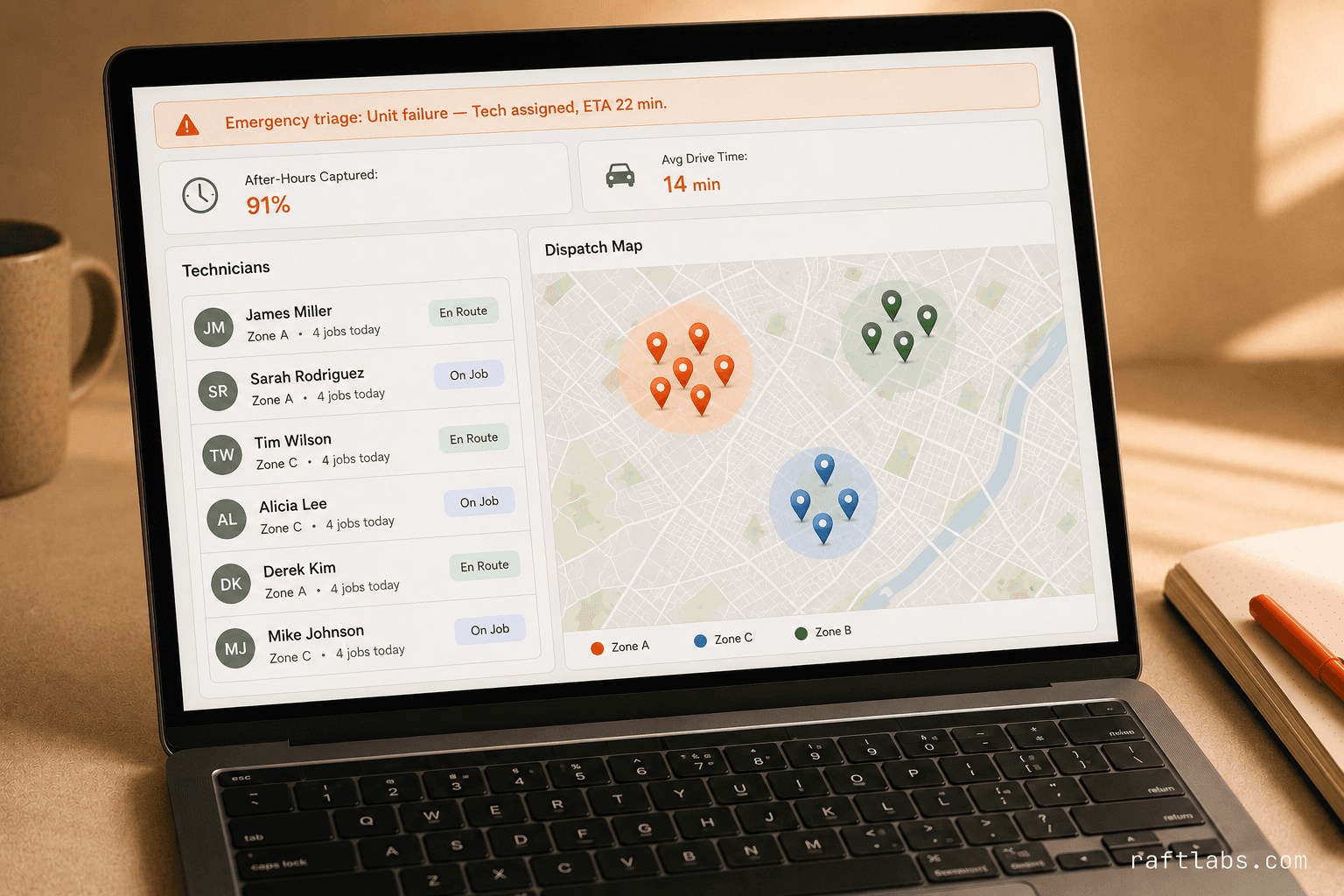 HVAC dispatch software dashboard showing zone-based technician assignments, after-hours capture rate, and emergency triage alert