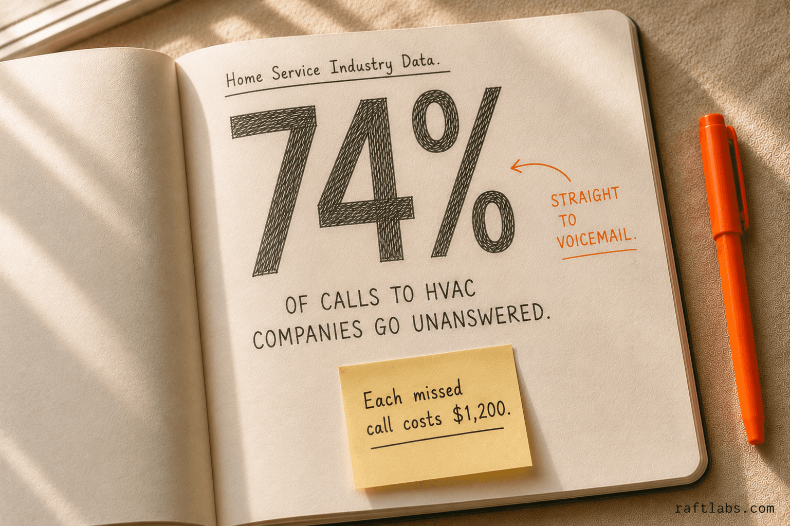74% of HVAC calls go unanswered — the missed-call revenue drain illustrated in notebook format
