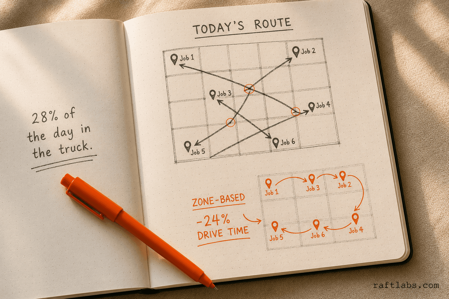 Notebook sketch comparing chaotic ping-pong routing versus zone-based route optimization for HVAC technicians