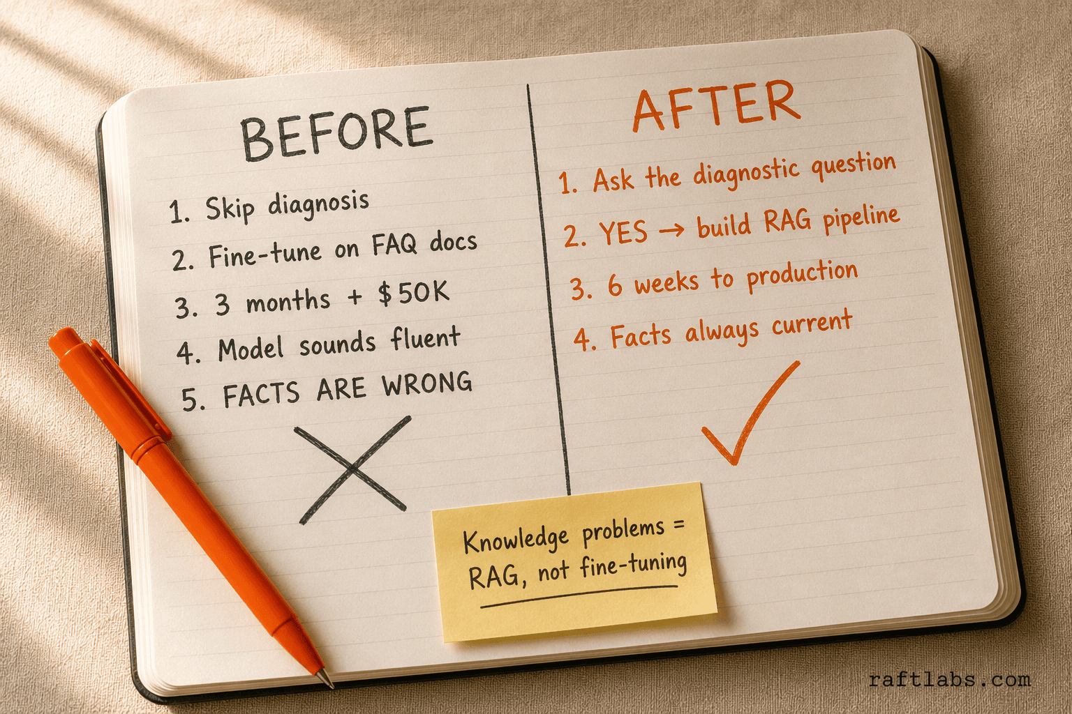 Before/after notebook showing the wrong path of fine-tuning for knowledge problems versus the right path of RAG, with the RAG path reaching production in six weeks