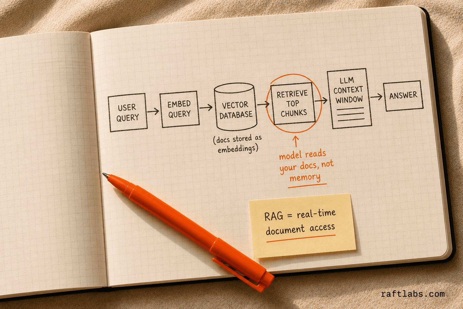 Notebook diagram of a RAG pipeline showing the flow from user query to vector database retrieval to LLM context window to final answer