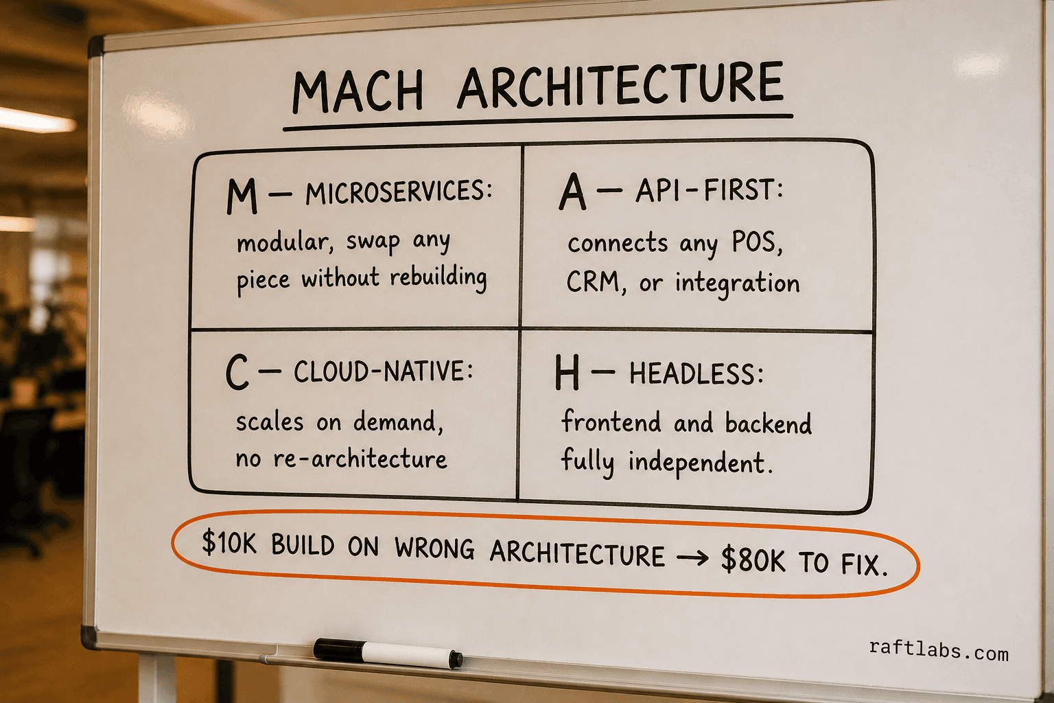 MACH architecture whiteboard: Microservices, API-first, Cloud-native, Headless - the four pillars of a scalable loyalty platform