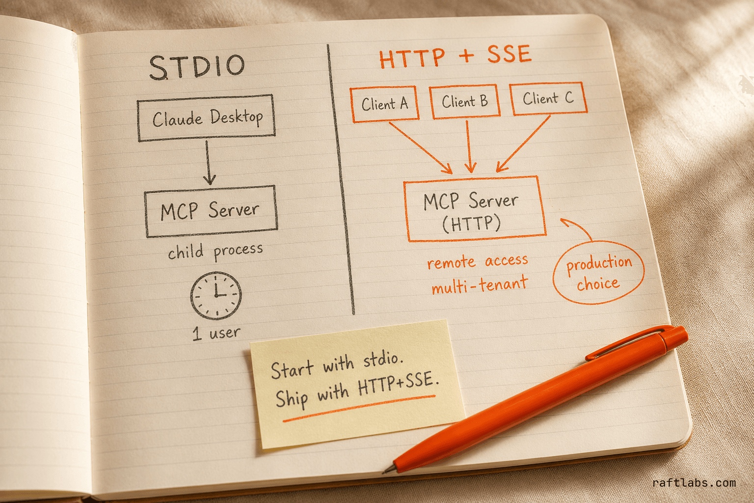 Stdio transport for local single-user development versus HTTP plus SSE for production multi-user remote deployment