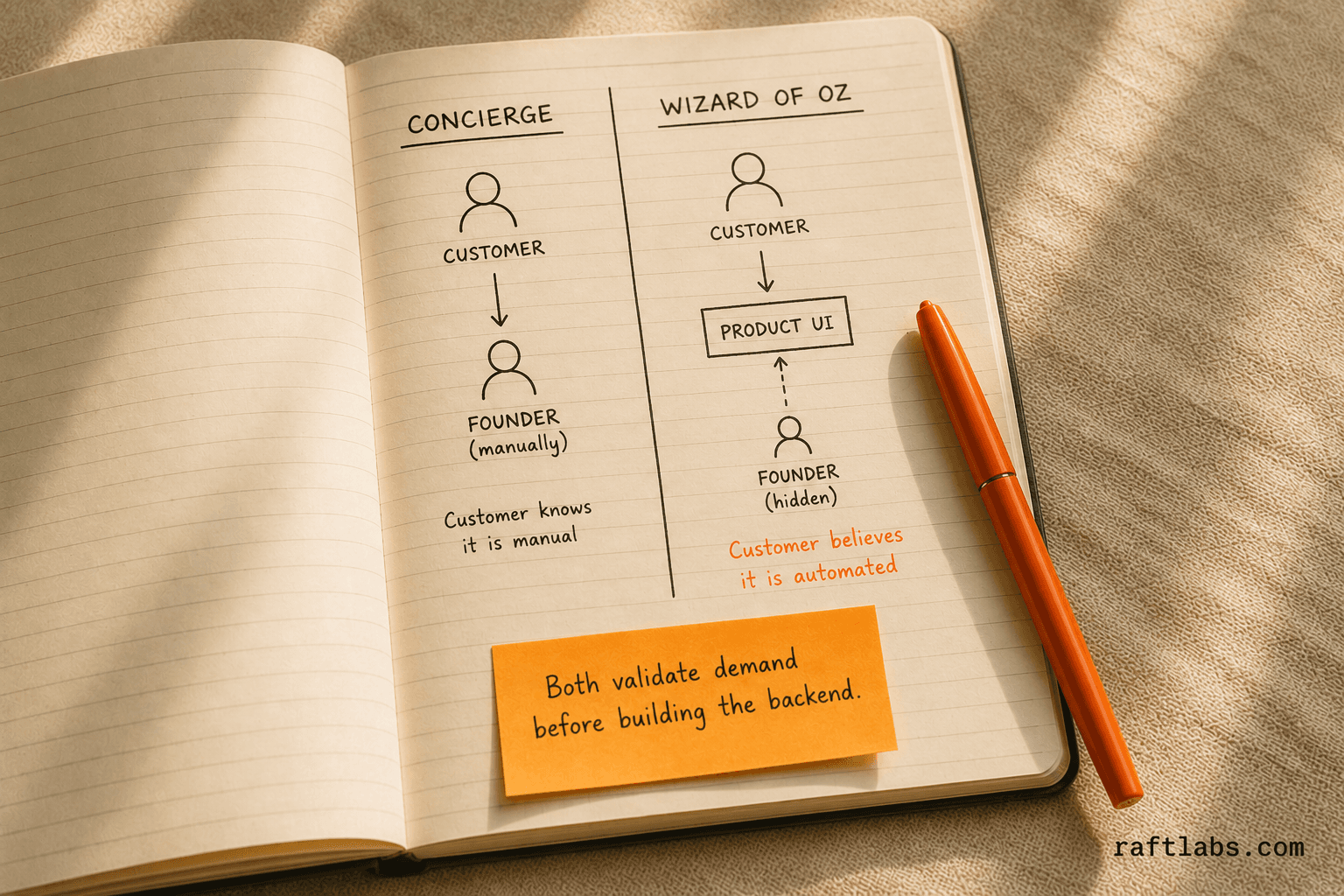 Concierge MVP vs Wizard of Oz MVP - side-by-side comparison showing what the customer sees and what happens behind the scenes in each approach