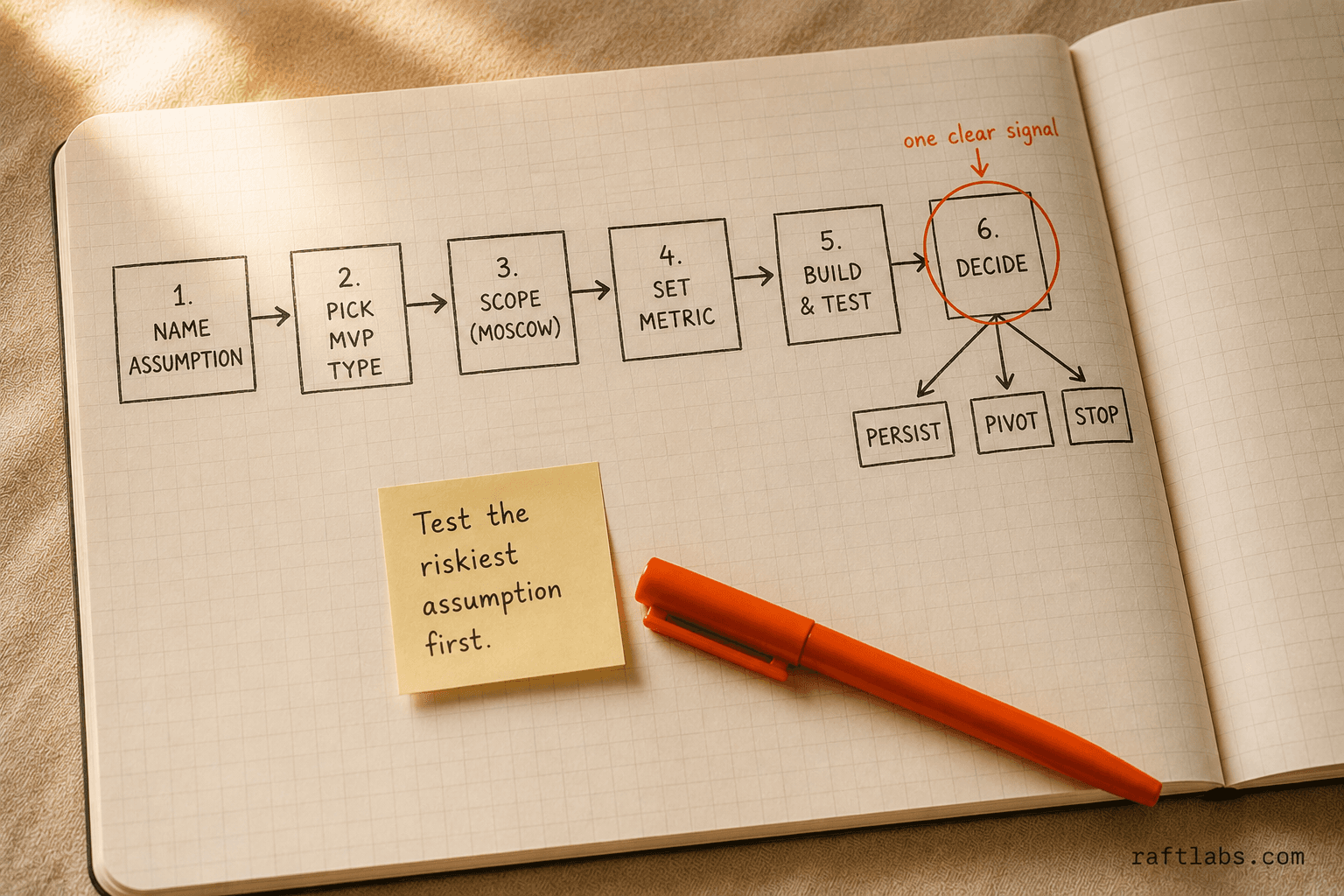 Six-step MVP build process - from naming your riskiest assumption to the persist, pivot, or stop decision at launch