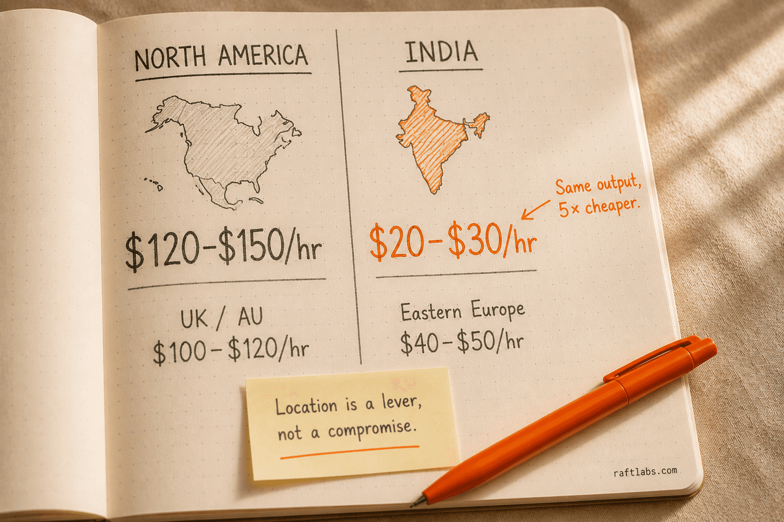 Side-by-side notebook comparison of developer hourly rates - North America vs India