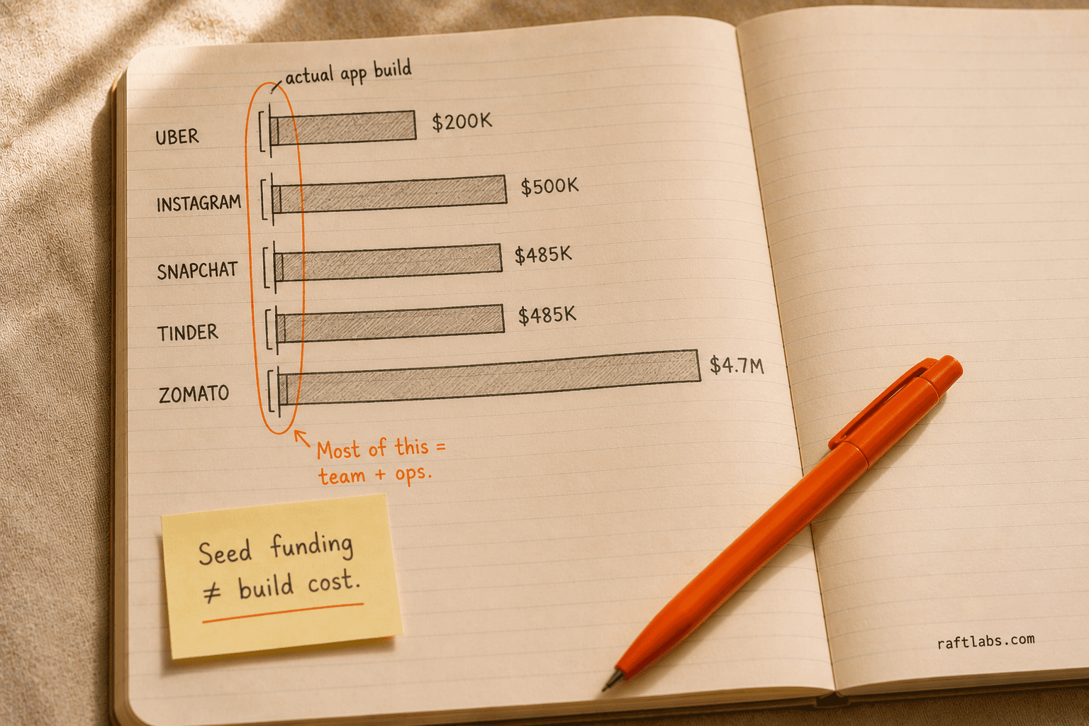 Notebook bar chart comparing startup seed funding amounts for Uber, Instagram, Snapchat, Tinder, and Zomato