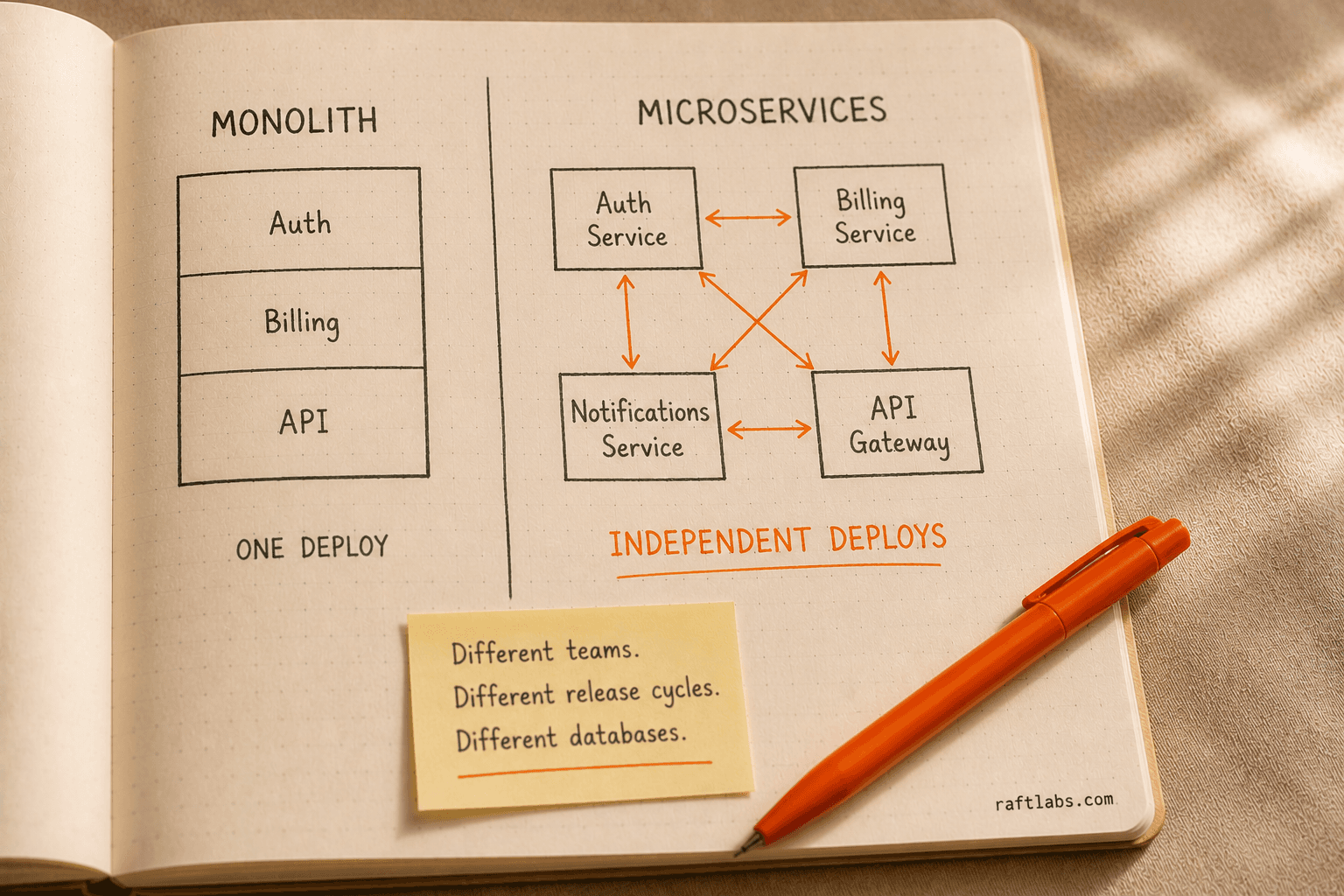 Notebook sketch comparing monolith architecture (one bounding box with Auth, Billing, API inside) versus microservices (four separate labeled service boxes connected by arrows)
