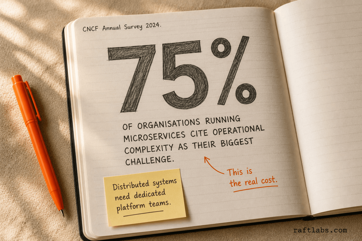 Stat callout notebook page showing 75% in large pencil numerals, sourced from the CNCF 2024 Annual Survey, with an orange ink annotation reading 'This is the real cost'