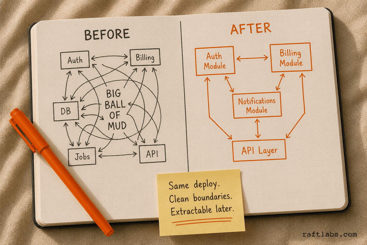 Before and after notebook sketch showing a tangled big ball of mud monolith on the left versus a clean modular monolith with defined Auth, Billing, Notifications, and API modules on the right