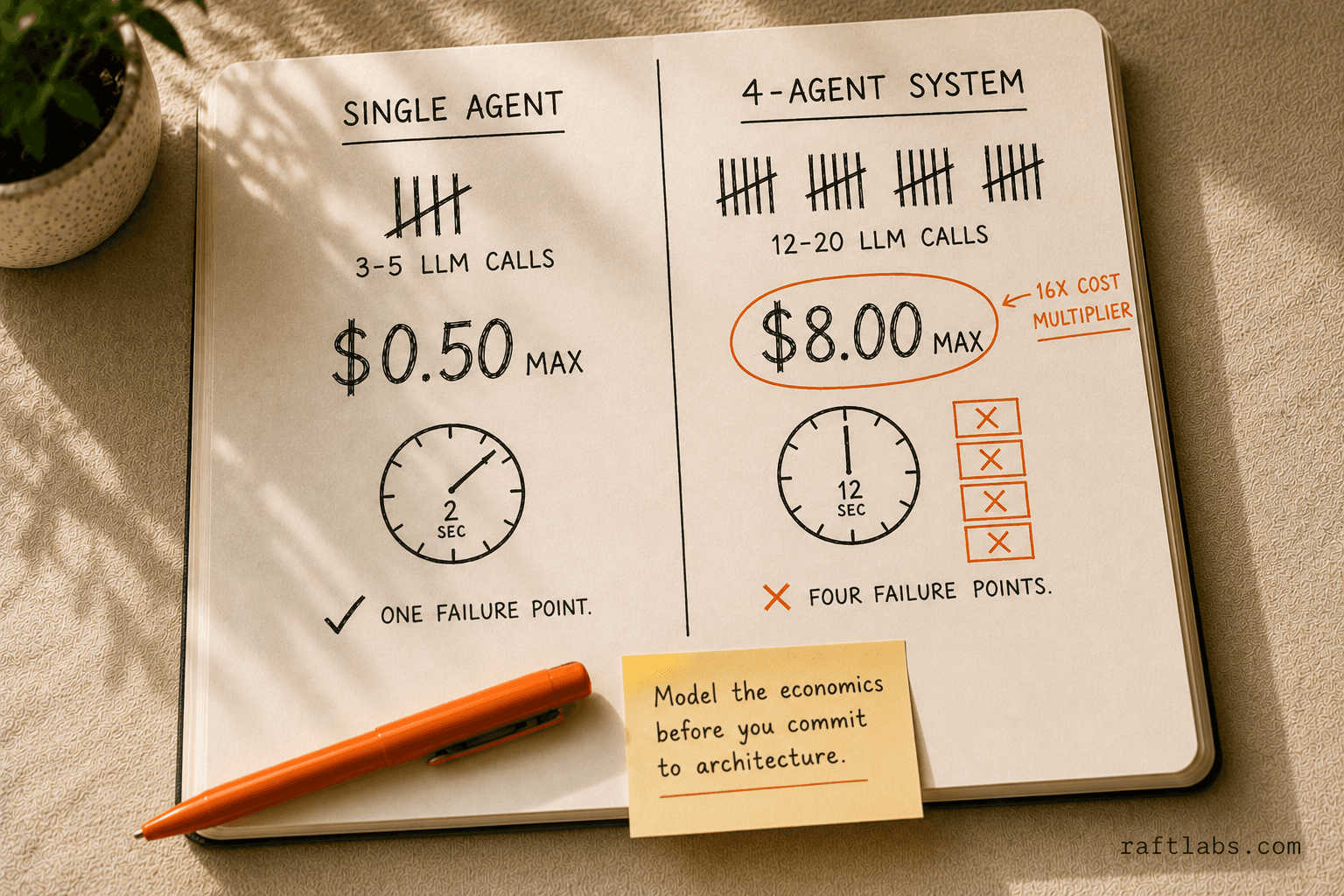 Before and after notebook comparison showing single agent at 3-5 LLM calls and $0.50 max versus a 4-agent system at 12-20 calls and $8.00 max per task