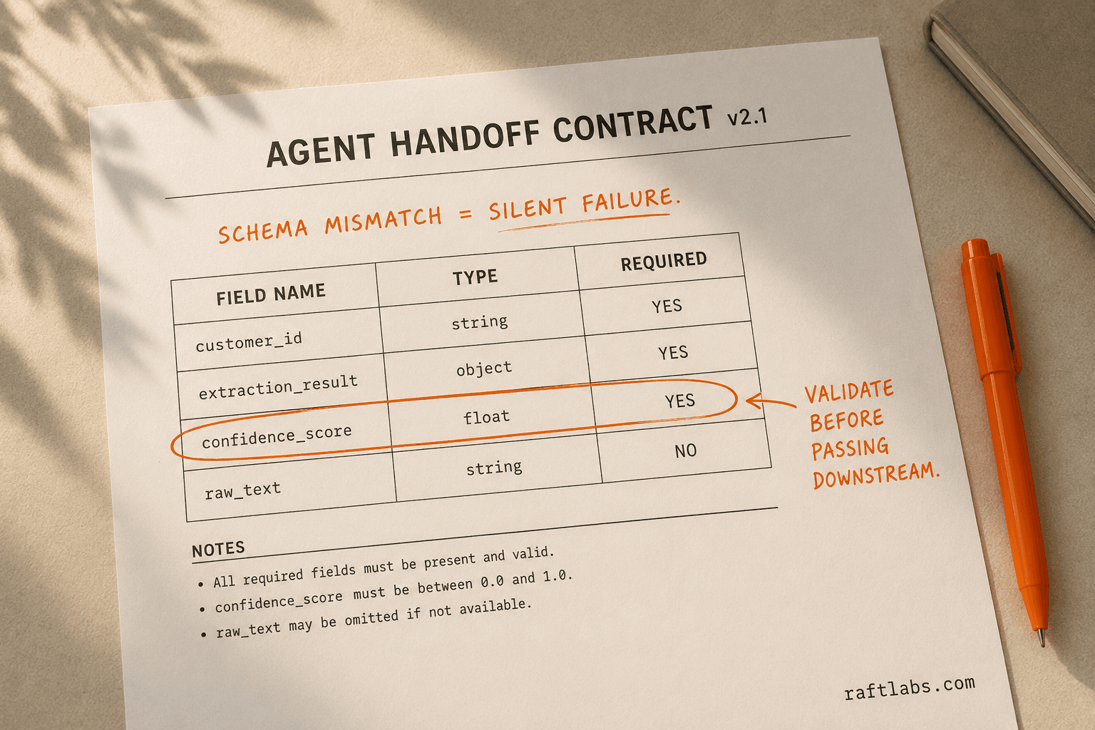 Printed agent handoff contract document with orange ink annotations marking required fields and schema validation notes
