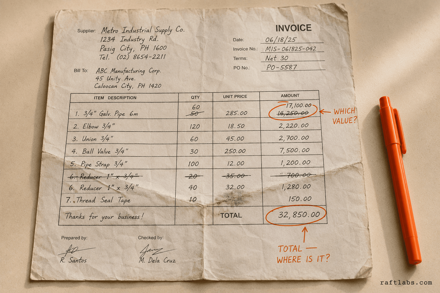 Crumpled handwritten invoice showing real-world document variability that defeats standard OCR systems