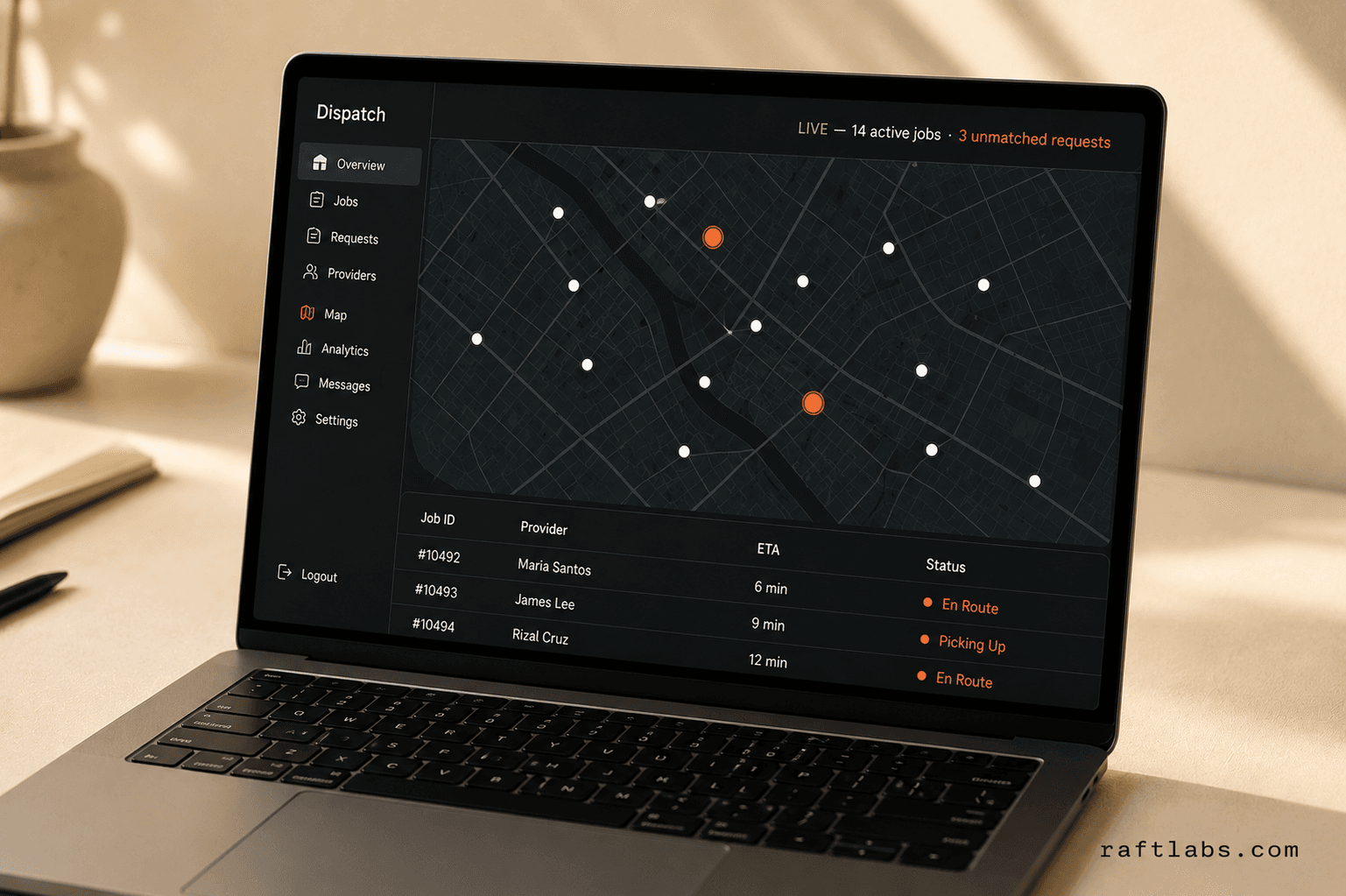 On-demand admin panel showing a real-time dispatch map with active jobs, provider locations, and unmatched request alerts