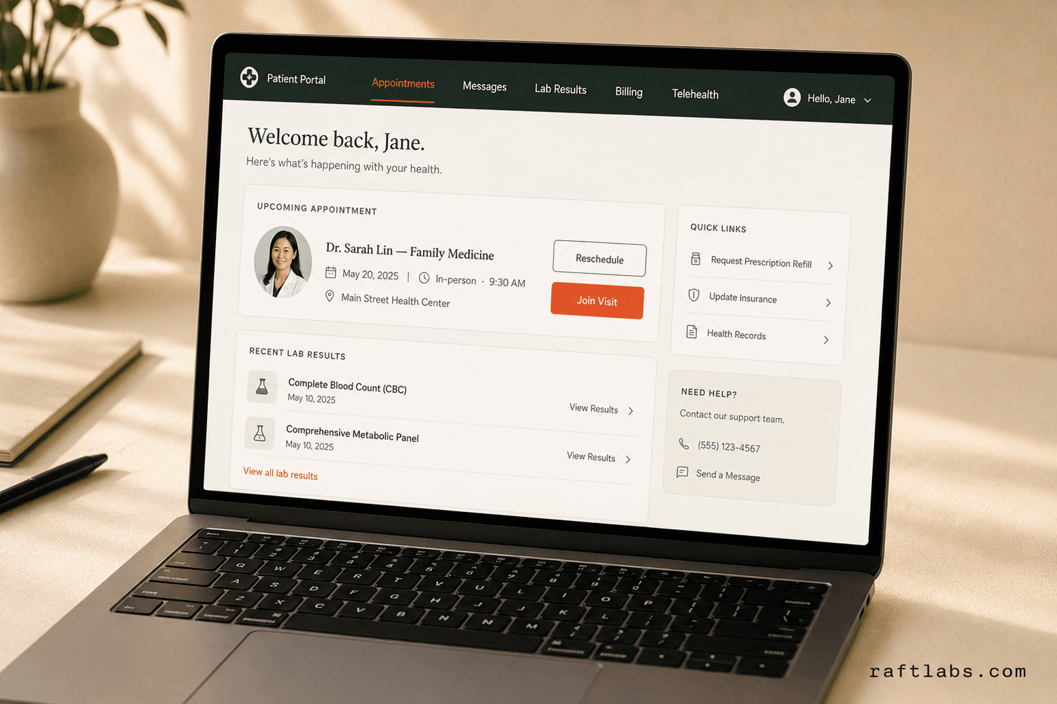Custom patient portal dashboard showing appointment scheduling, lab results access, and telehealth join button