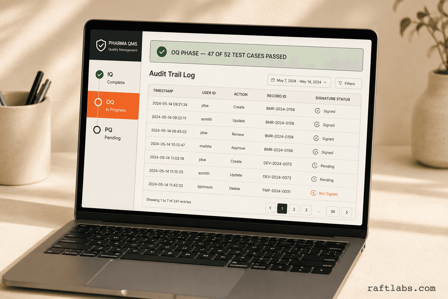 Pharmaceutical software audit trail interface showing IQ, OQ, PQ validation phases and electronic signature log