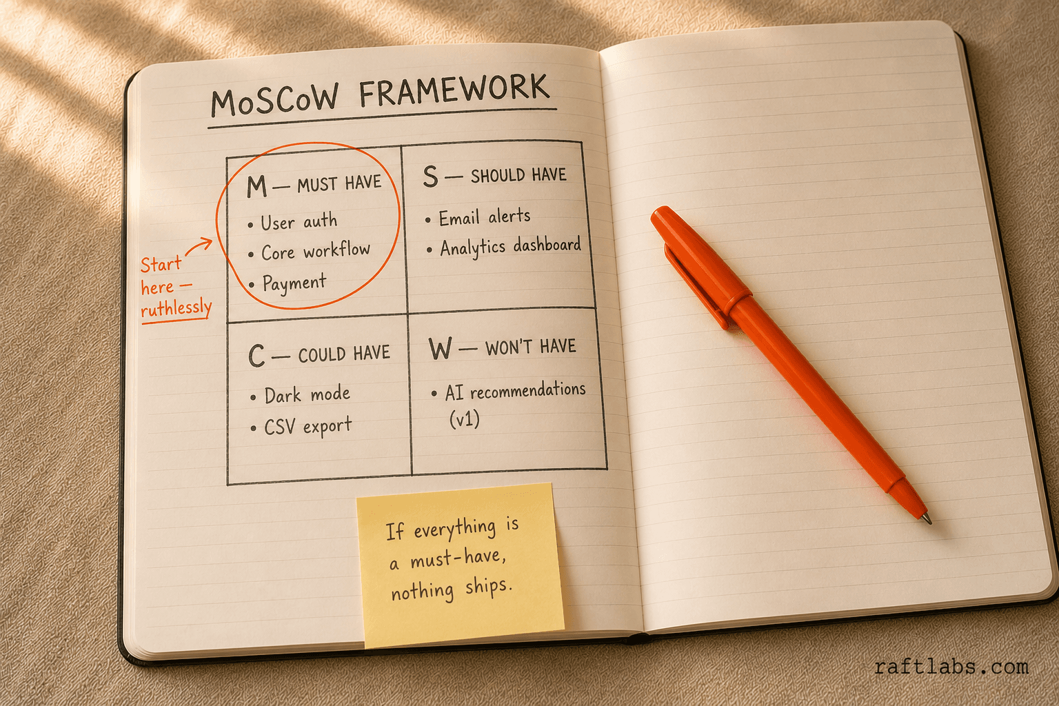MoSCoW framework notebook sketch for prioritising product development requirements