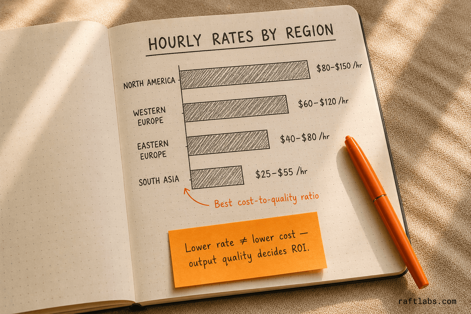 Notebook sketch comparing hourly development rates across four global regions