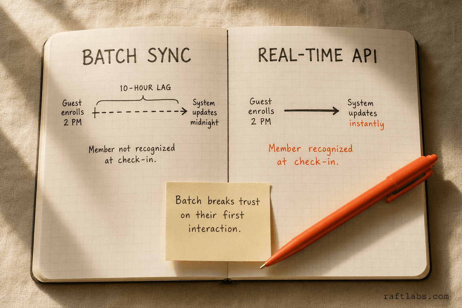 Side-by-side timeline comparing batch sync (10-hour lag, member not recognized) versus real-time API (instant sync, member recognized at check-in)