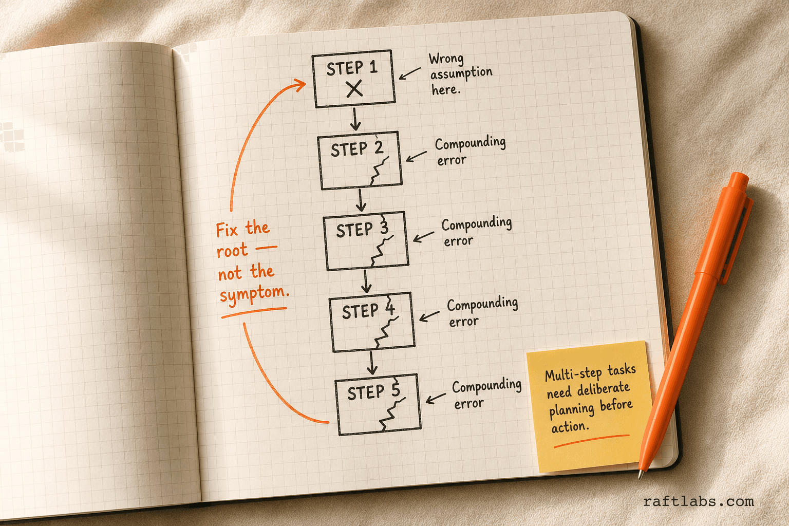 Multi-step task diagram showing how a wrong early decision cascades into compounding errors across all subsequent steps