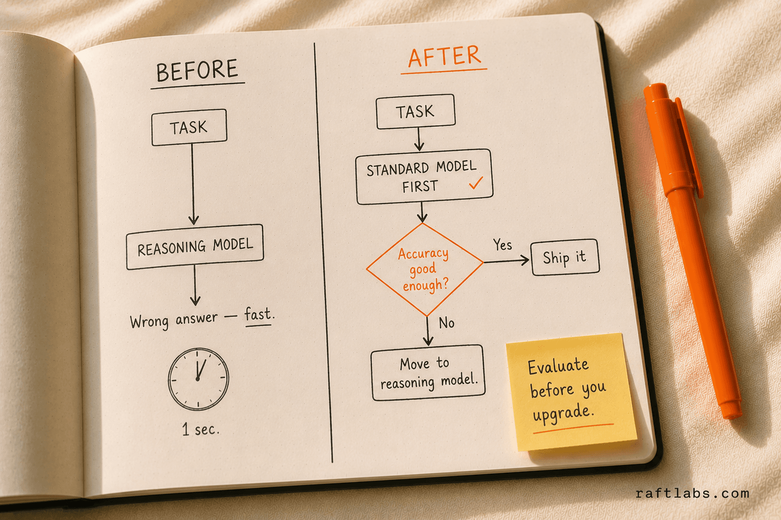Before and after decision process: before shows going straight to a reasoning model; after shows evaluating a standard model first and only escalating to reasoning when accuracy falls short