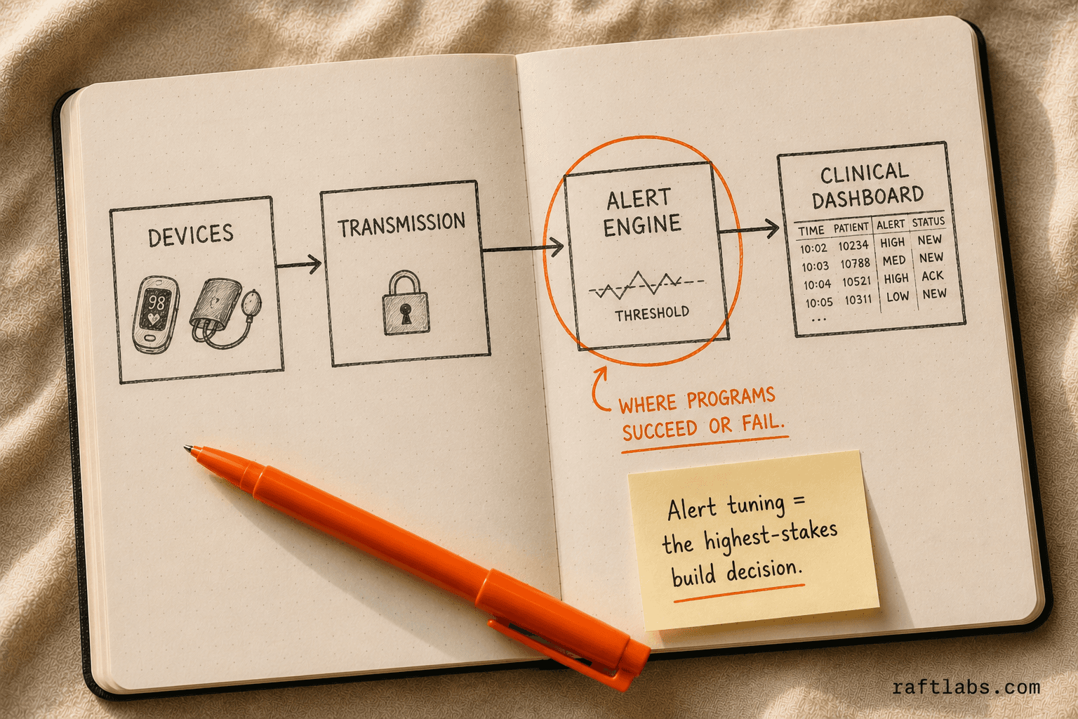RPM four-layer architecture: devices, transmission, alert engine, and clinical dashboard connected in sequence