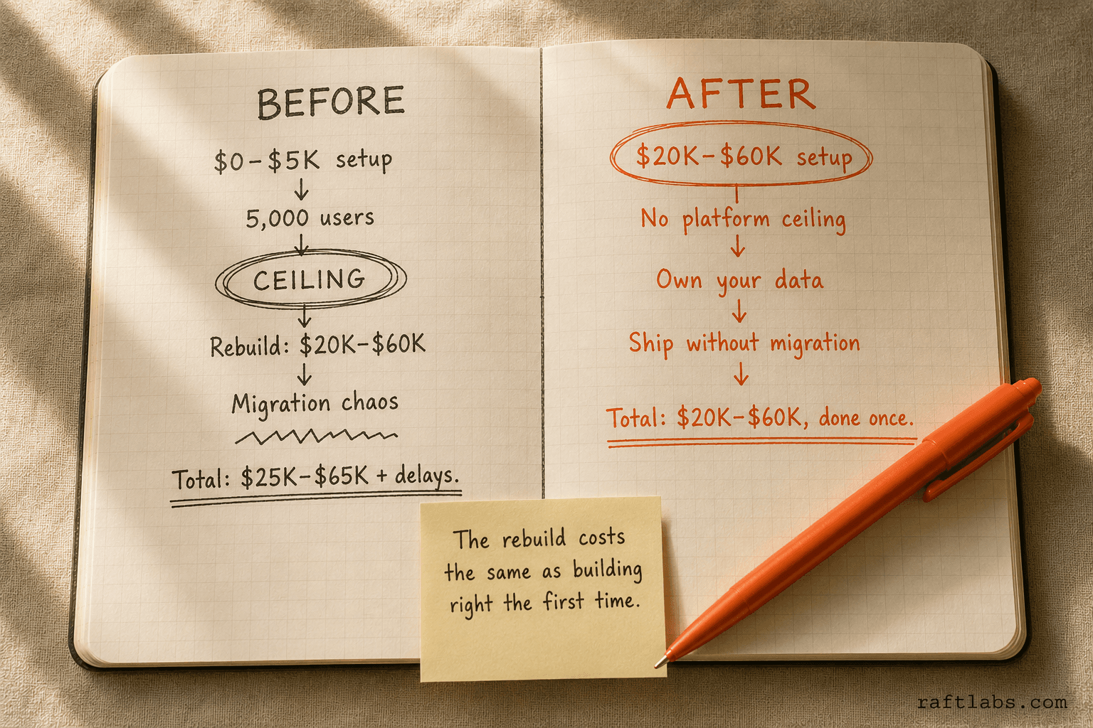 Two-path diagram: no-code rebuild costs versus custom-first SaaS build
