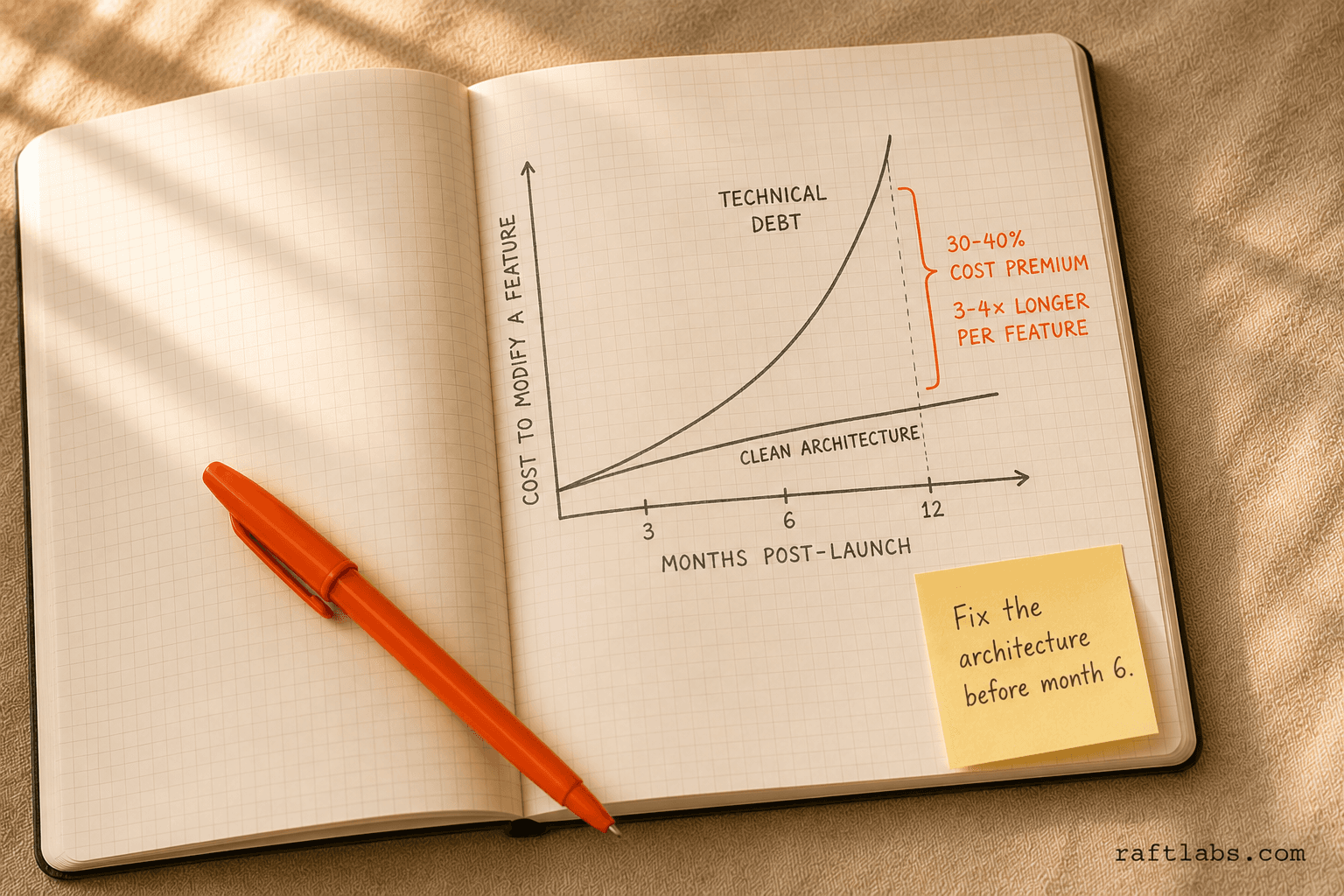 Graph showing technical debt compounding feature cost and time over 12 months post-launch