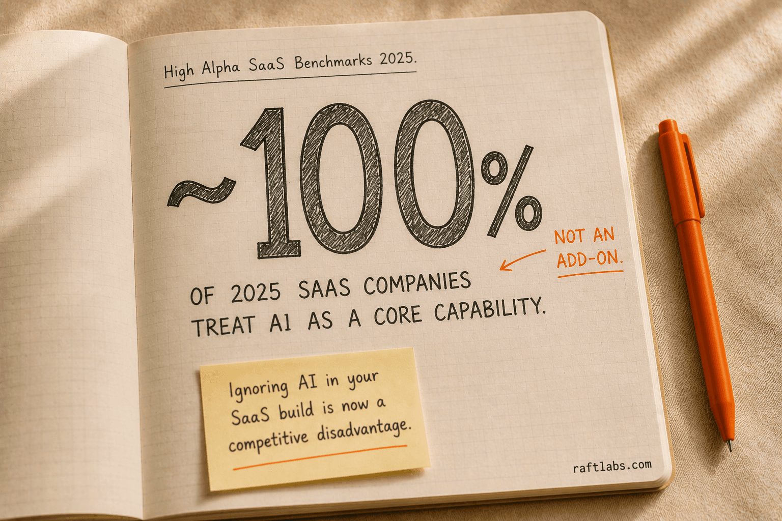 Nearly 100% of SaaS companies founded in 2025 treat AI as a core product capability, per High Alpha SaaS Benchmarks 2025