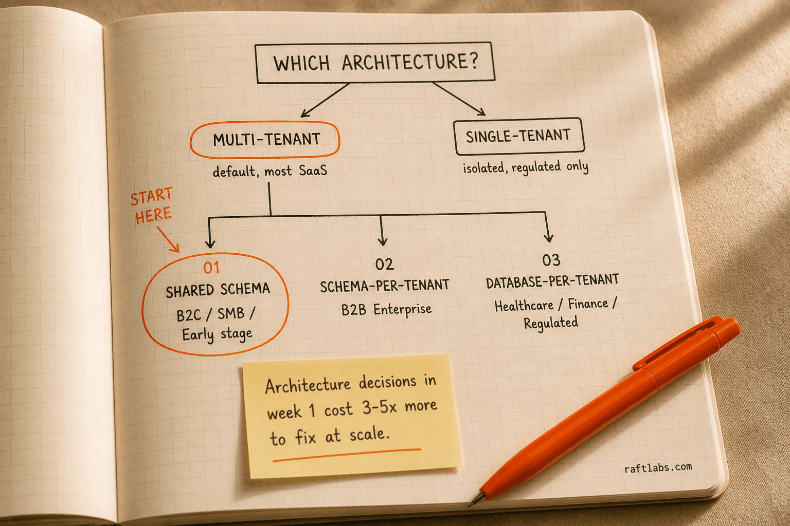 SaaS architecture decision tree: multi-tenant vs single-tenant with three data isolation models