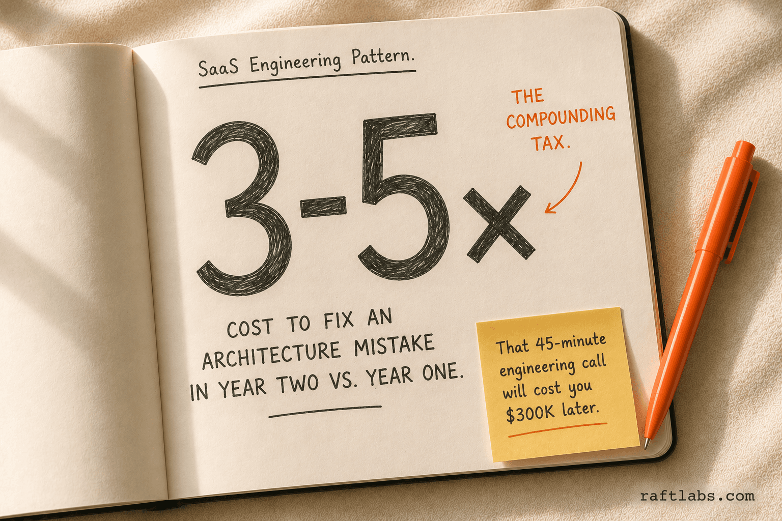 A notebook page showing the statistic that fixing an architecture mistake costs 3-5x more in year two than getting it right in year one