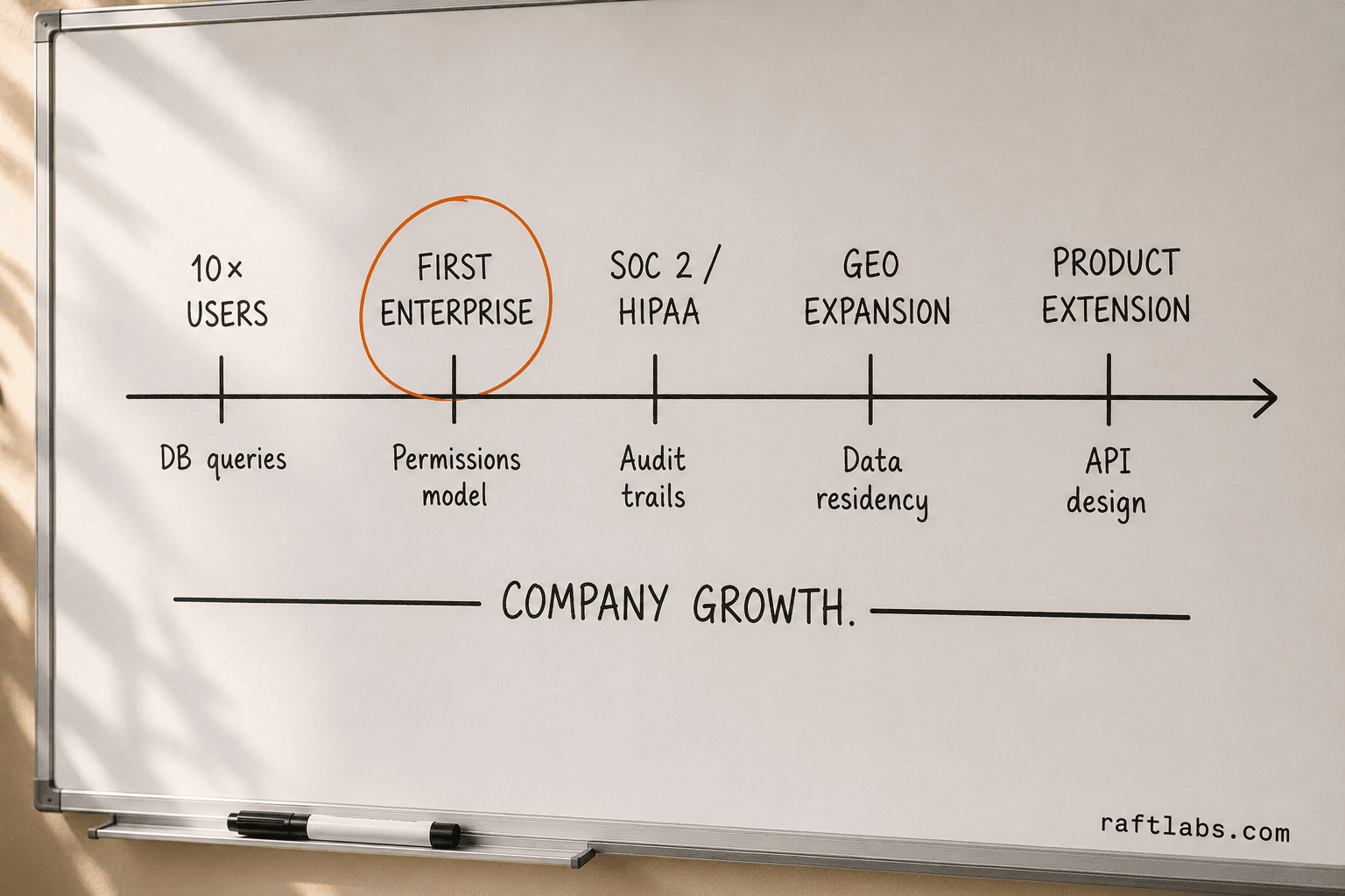 Whiteboard diagram mapping the five SaaS growth triggers - 10x users, first enterprise customer, compliance certification, geographic expansion, and product extension - along a timeline with what breaks at each point