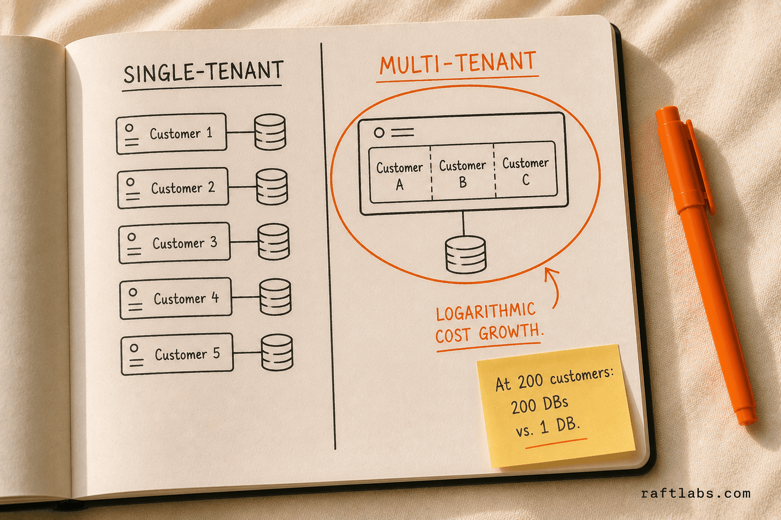 Notebook diagram comparing single-tenant architecture (one database per customer) versus multi-tenant architecture (all customers share one database with logical separation)