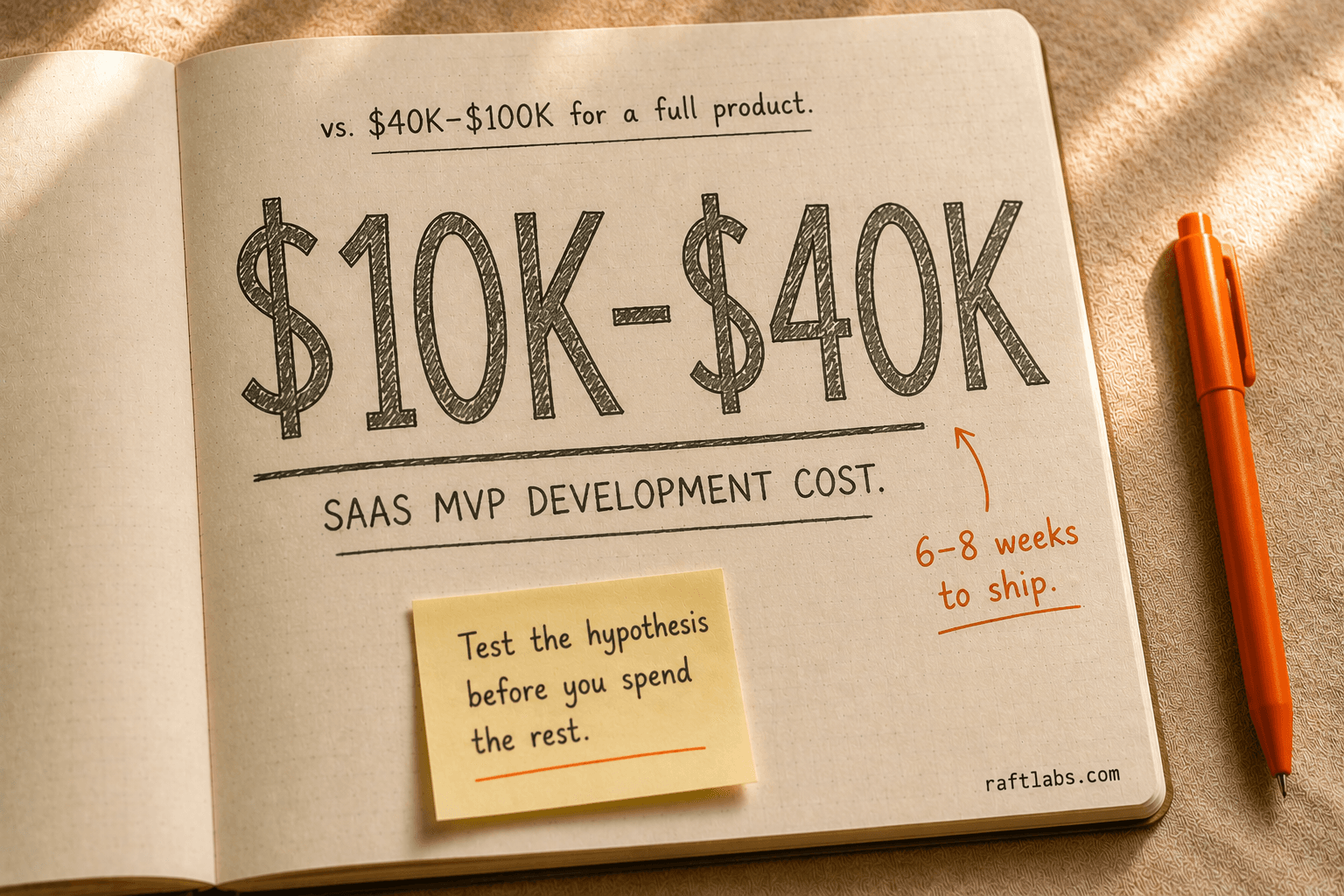 Notebook stat callout showing SaaS MVP development costs $10K-$40K versus $40K-$100K for a full product