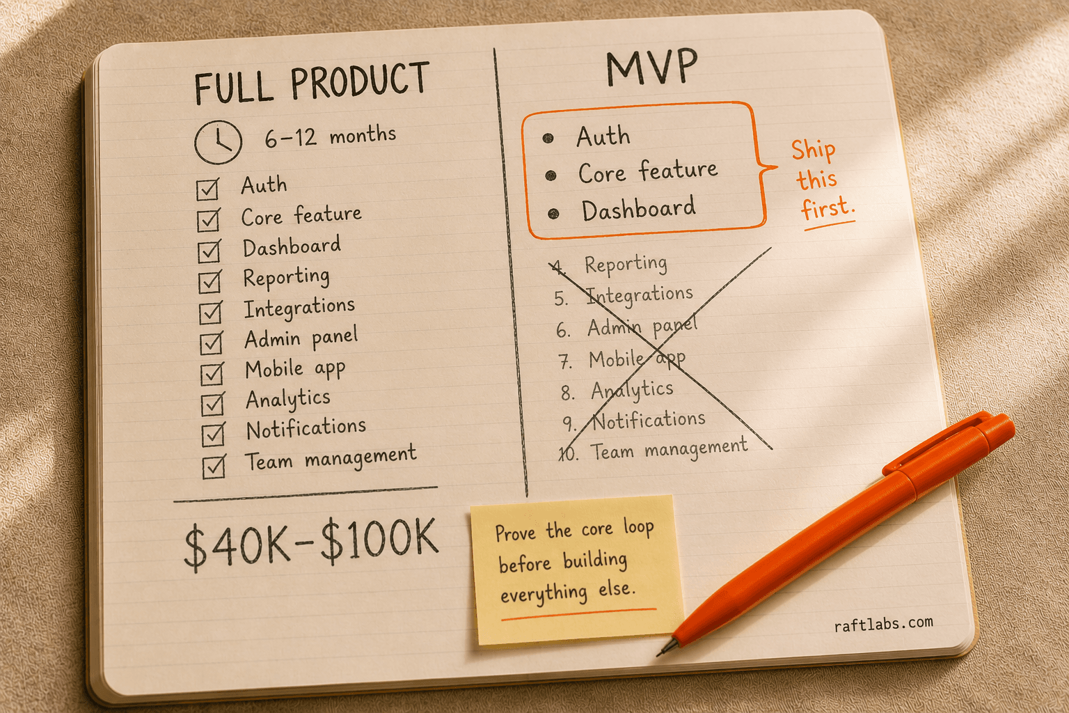 Notebook diagram comparing SaaS MVP scope (3 features) against a full SaaS product scope (10+ features)