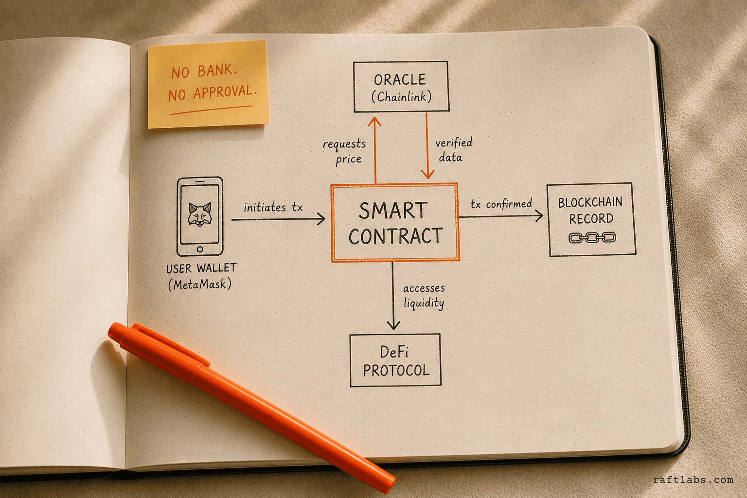How a DeFi transaction flows from user wallet through smart contract, oracle data feed, and blockchain record - with no intermediary bank