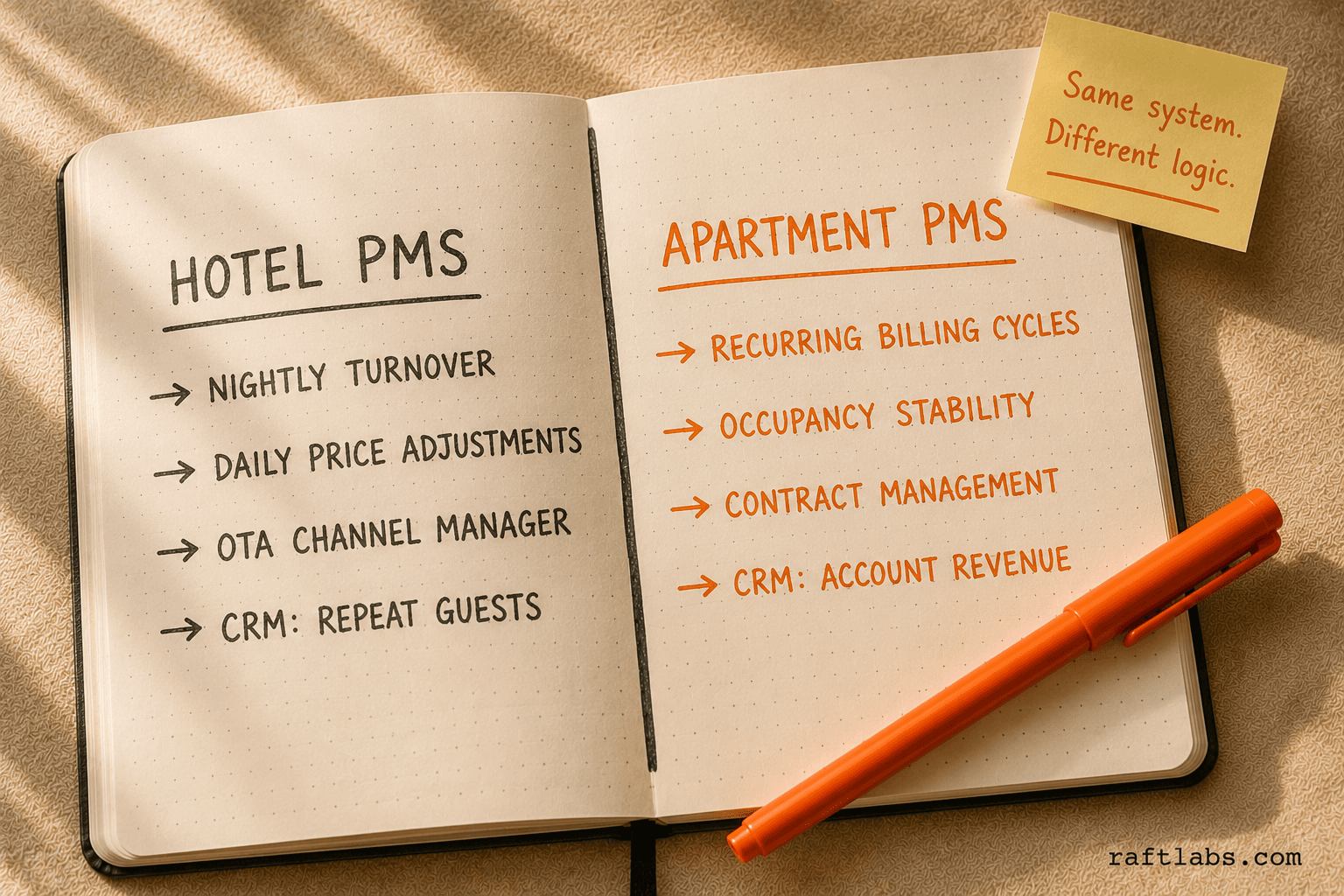 Hotel PMS logic versus apartment PMS logic shown as side-by-side notebook columns
