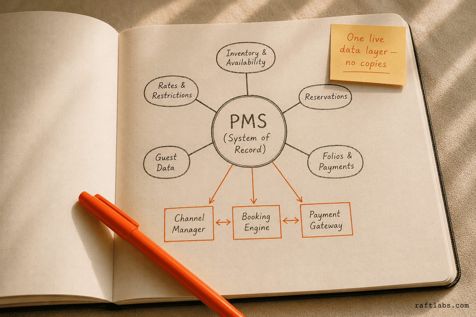 Hotel tech stack architecture: PMS hub connected to five data layers and downstream systems